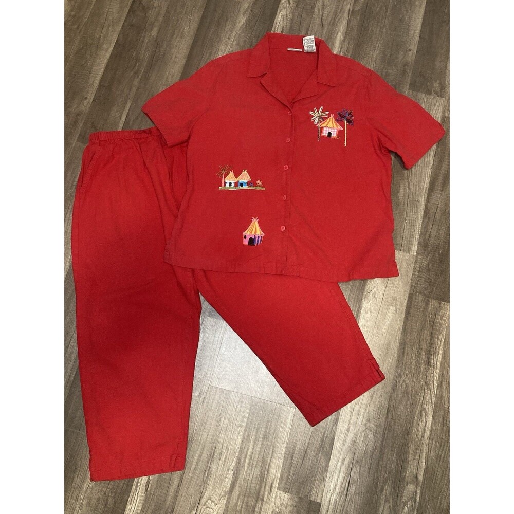 VTG White Stag Red Cotton Capri Set L 12-14 Top & Pant Tropical Coastal Beach